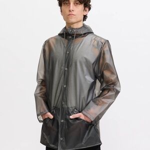 RAINS Transparent Black Hooded Waterproof Rain Jacket Minimalist Scandinavian